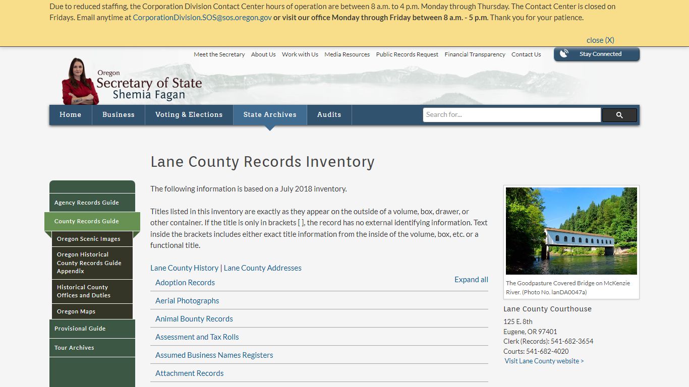 State of Oregon: County Records Guide - Lane County Records Inventory